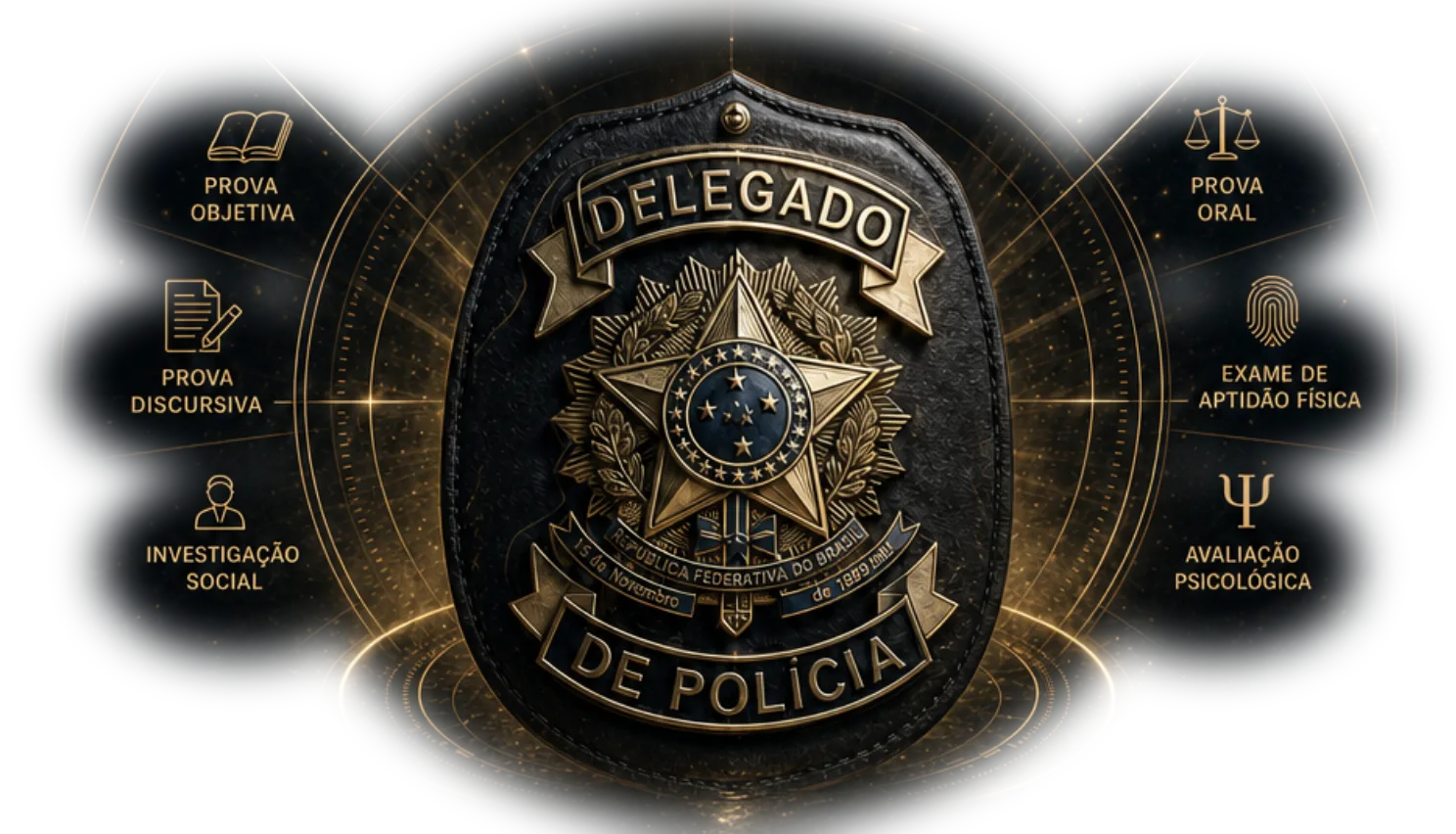 Distintivo de Delegado de Polícia com os 6 eixos da preparação