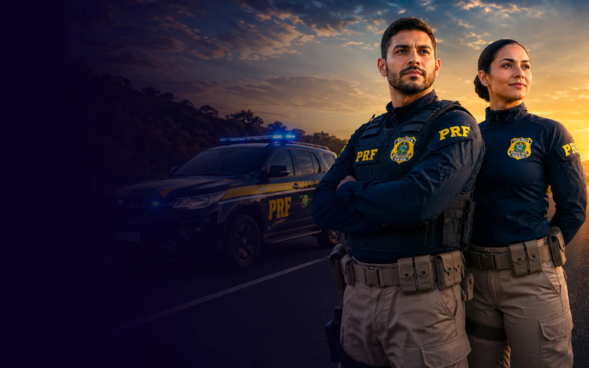 Policiais rodoviários federais em rodovia ao lado da viatura da PRF