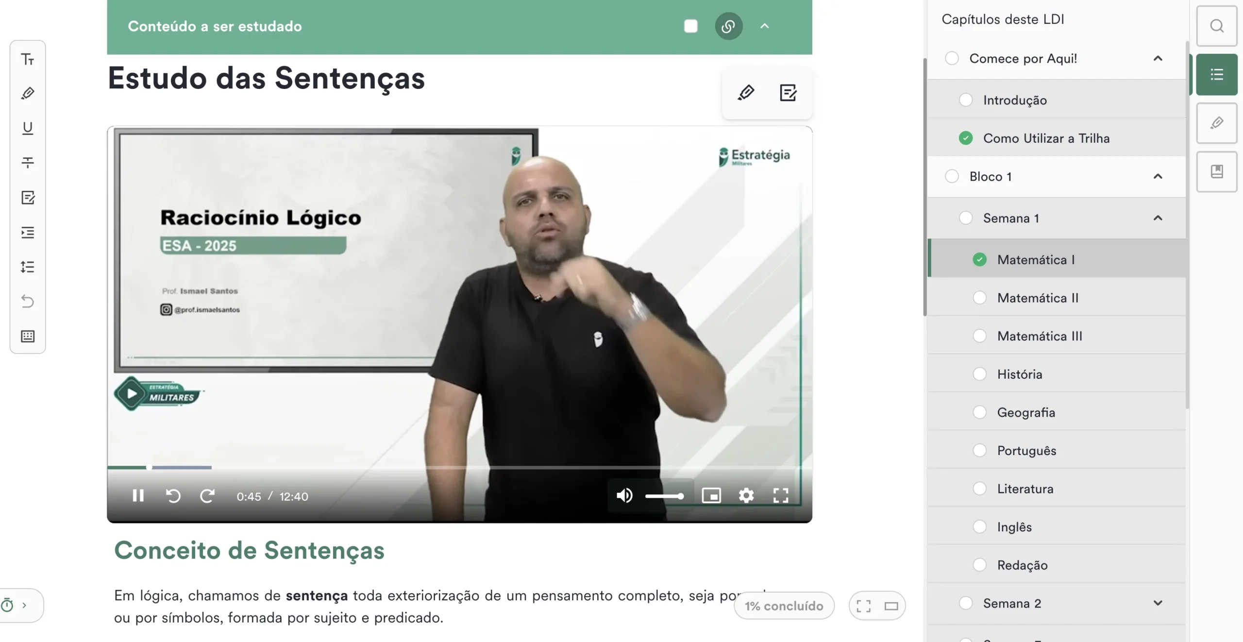 Aula de Raciocínio Lógico com videoaula, navegação lateral por capítulos e barra de progresso da trilha