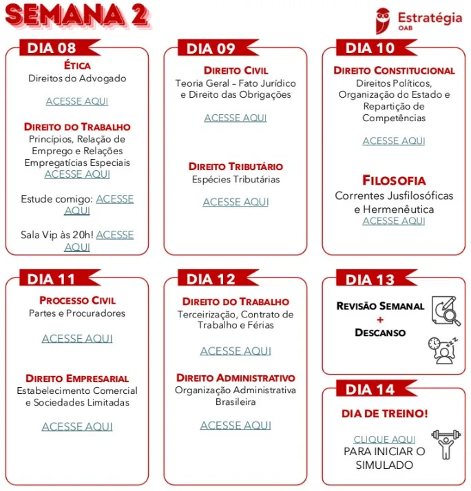 Cronograma semanal do Curso de Emergência OAB